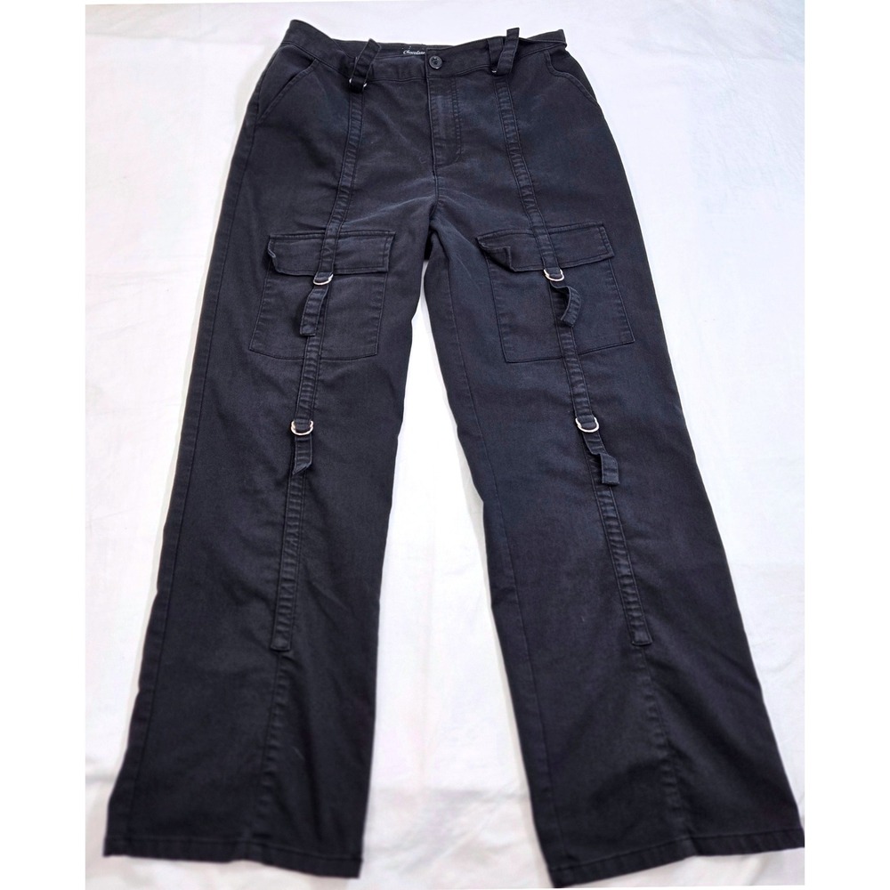 Chocolate USA Black Wide Leg Cargo Pants D-Ring Straps High Rise W32 L29 Y2K LG